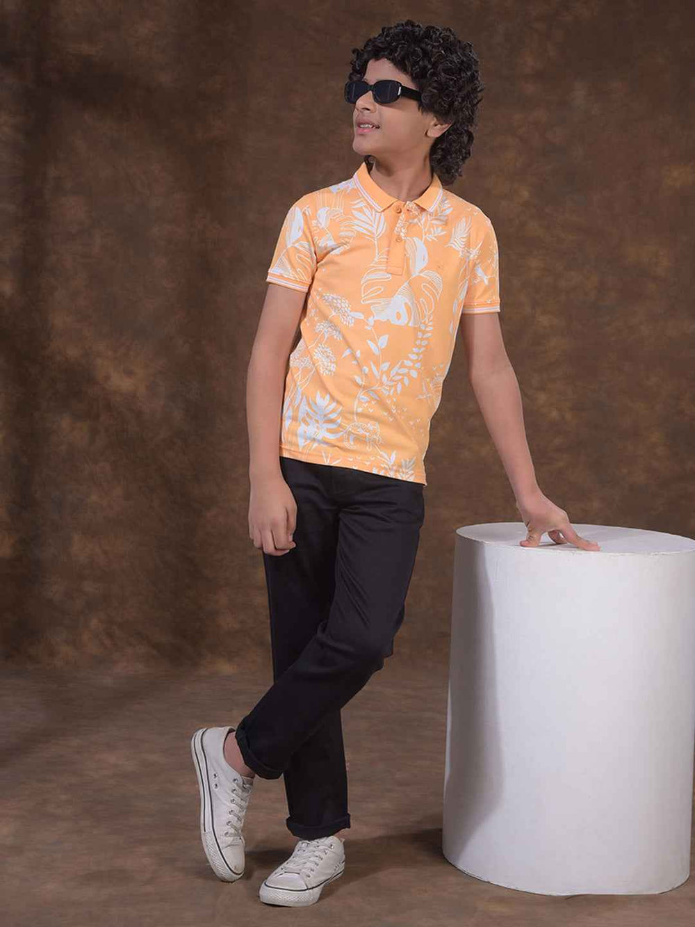 Peach Floral Print Polo Neck T-Shirt