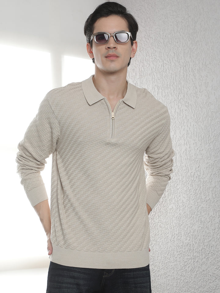 Beige 100% Cotton Knitted Polo Neck Sweater
