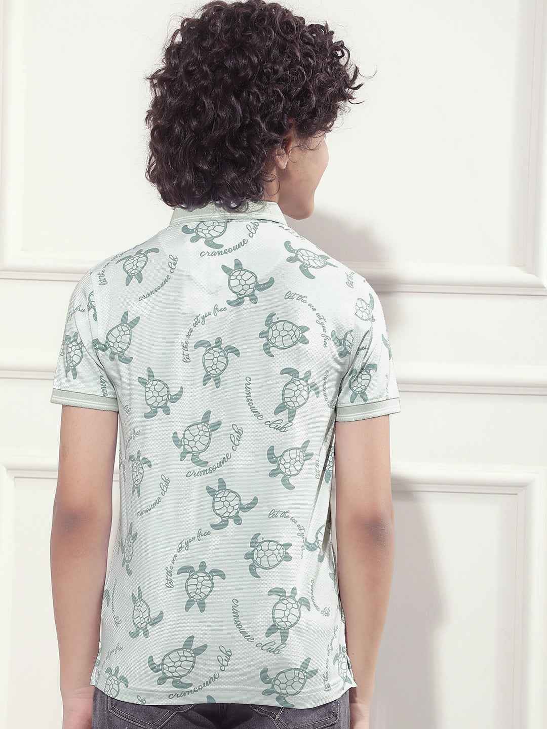 Blue Printed Polo Neck T-Shirt