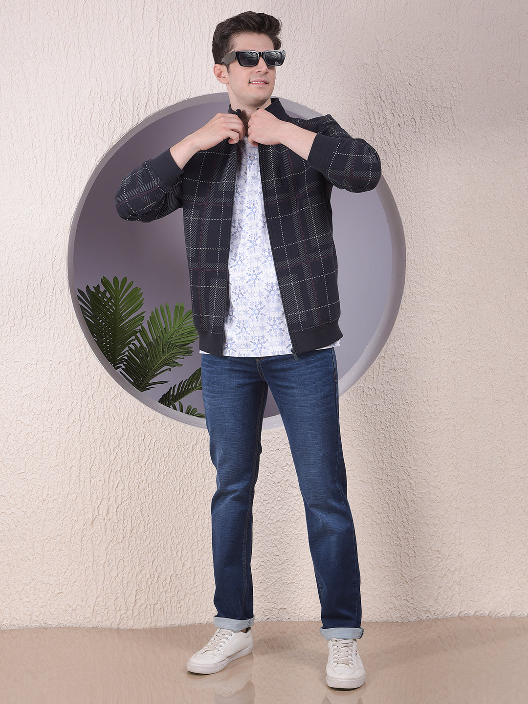 Sleek Navy Blue Checked Sweatshirt