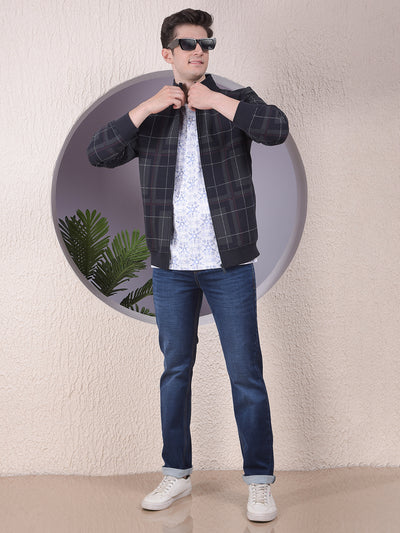 Sleek Navy Blue Checked Sweatshirt