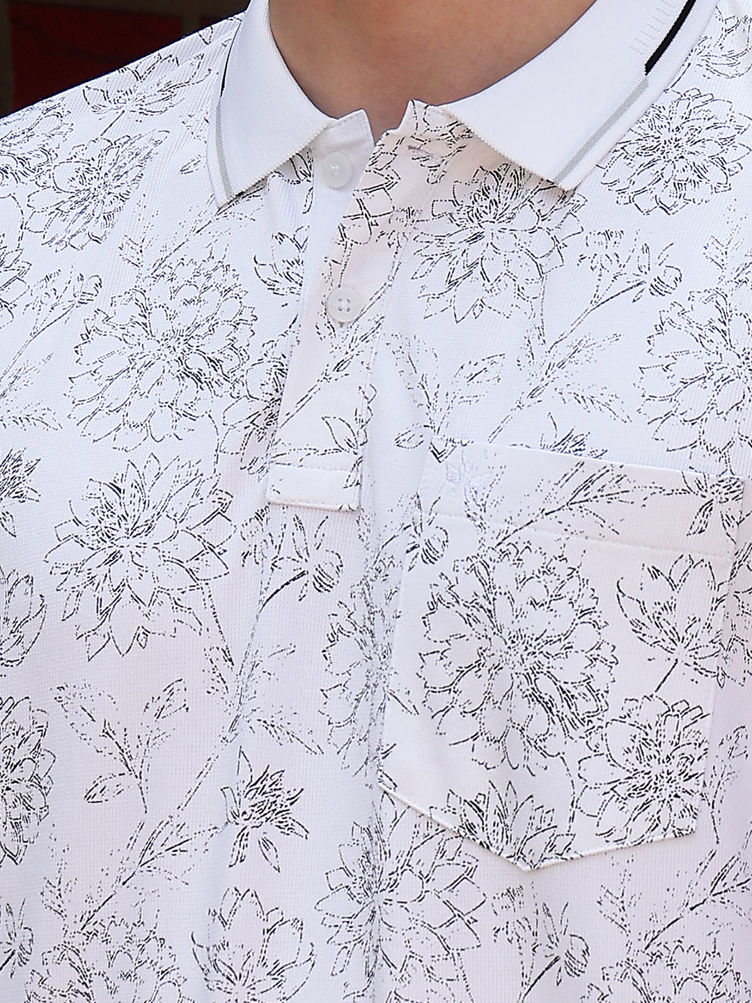 White Floral Print Polo Neck T-Shirt