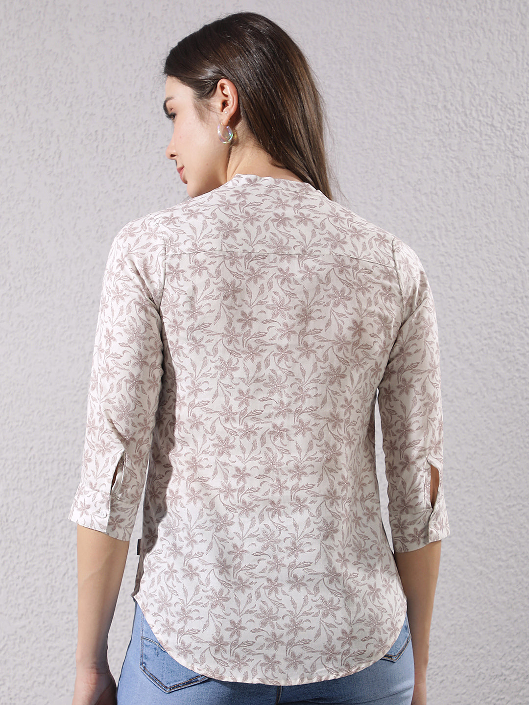 Purple Floral Print V-Neck Linen Shirt