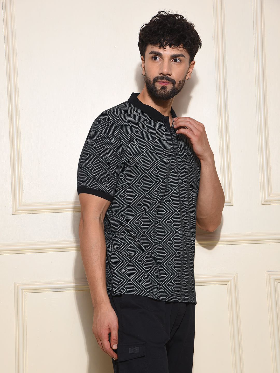 Black Printed Polo-Neck T-Shirt