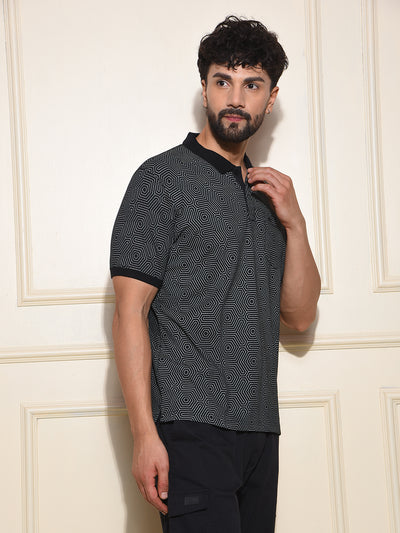 Black Printed Polo-Neck T-Shirt