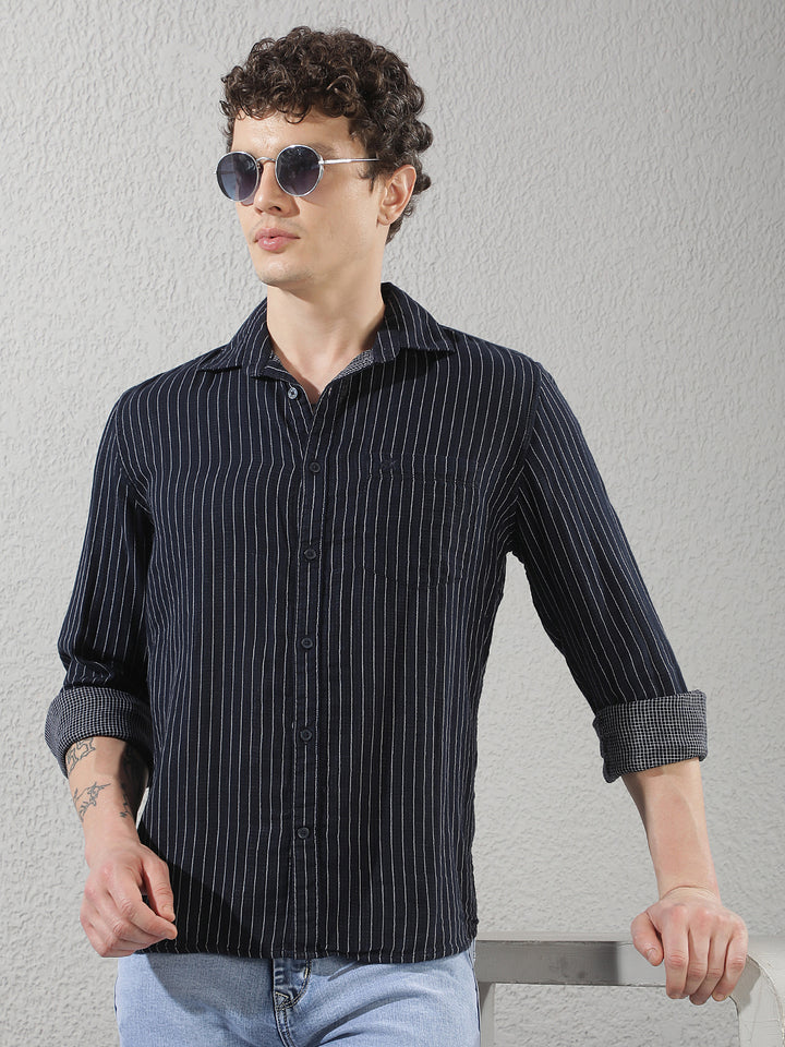 Navy Blue 100% Cotton Verical Stripes Shirt