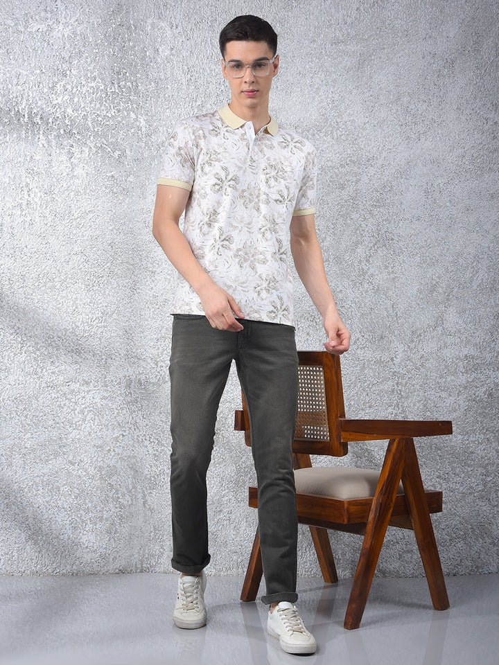 Beige Floral Print Polo-Neck T-Shirt