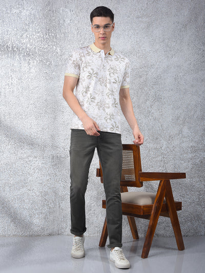 Beige Floral Print Polo-Neck T-Shirt
