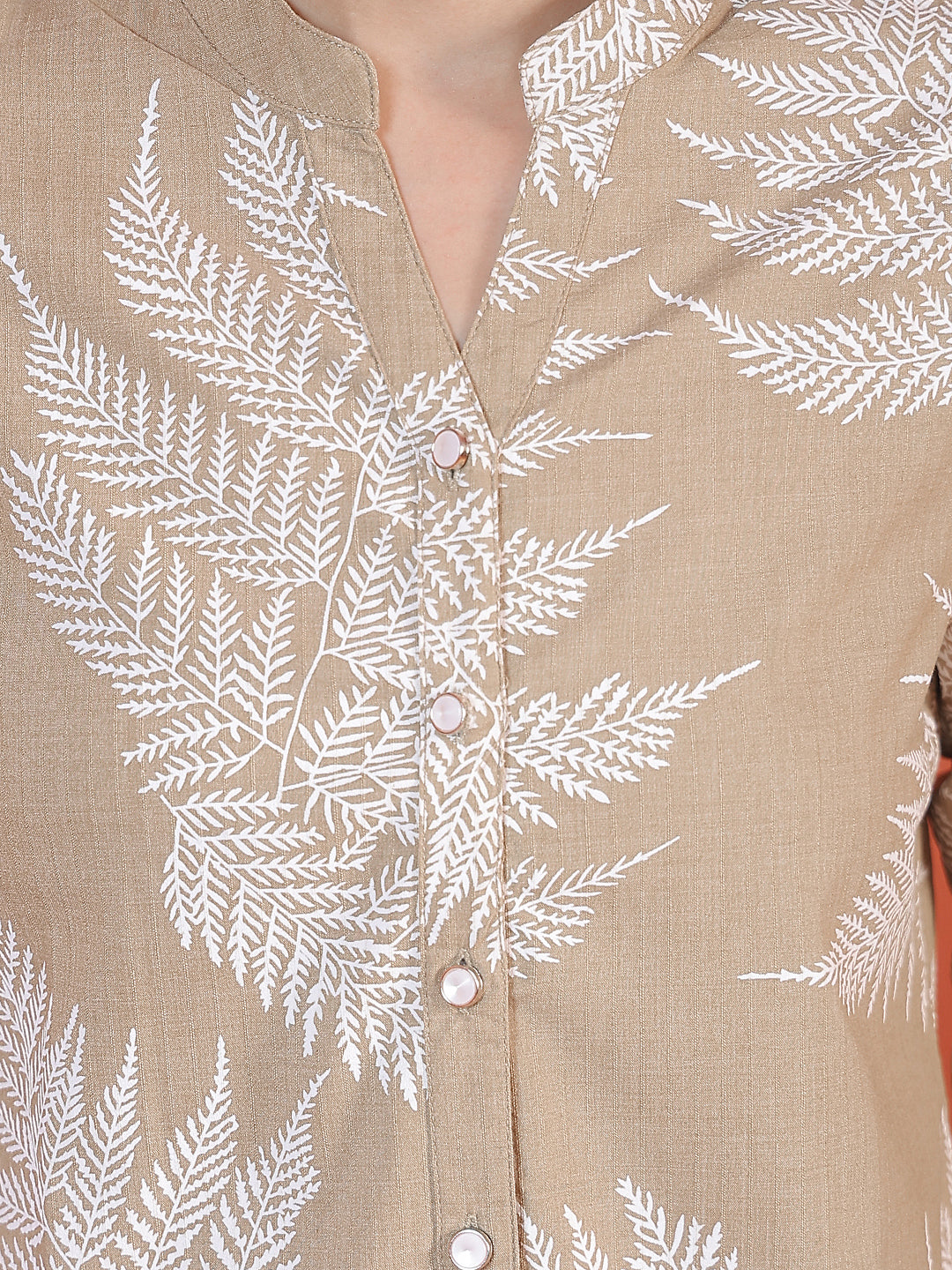 Khaki Floral Print V-Neck Shirt