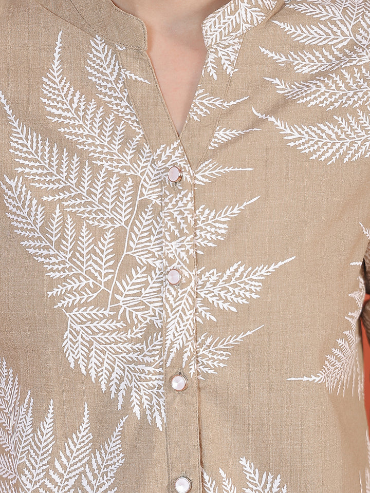Khaki Floral Print V-Neck Shirt