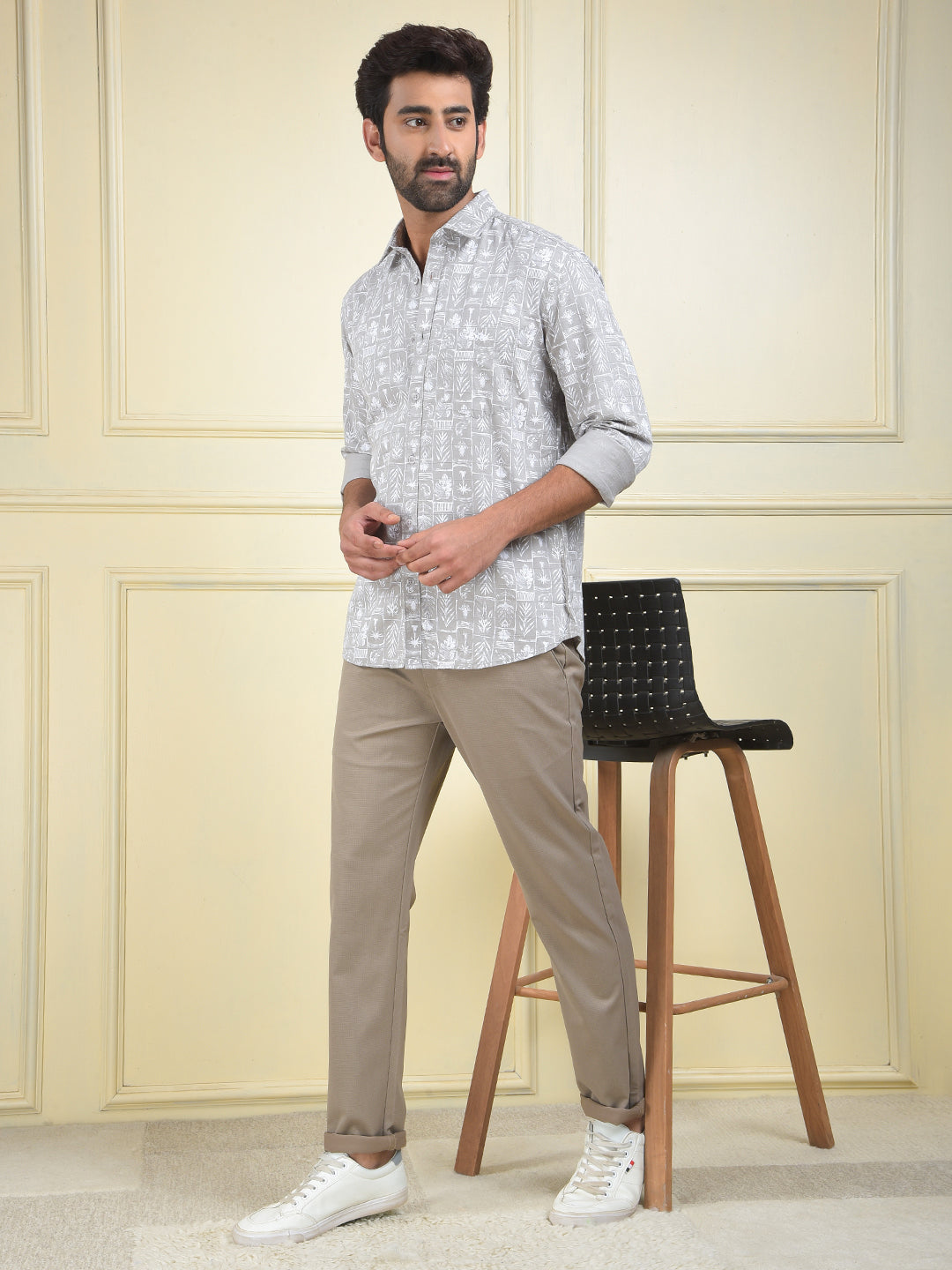 Grey Floral Print 100% Cotton Shirt