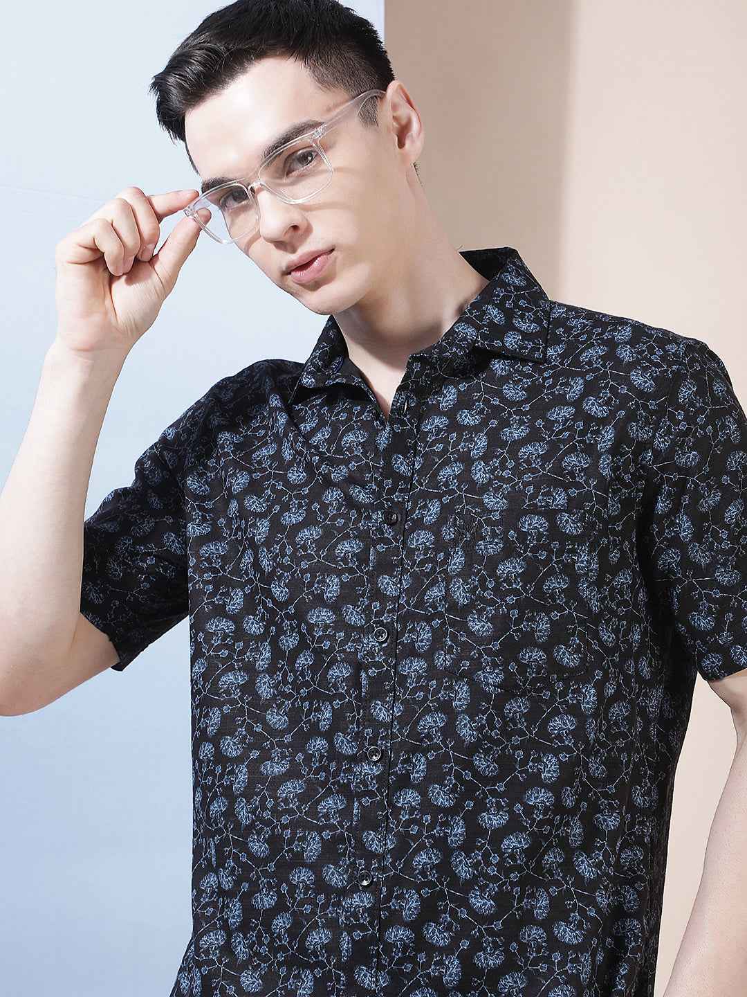 Navy Blue Floral Print Shirt