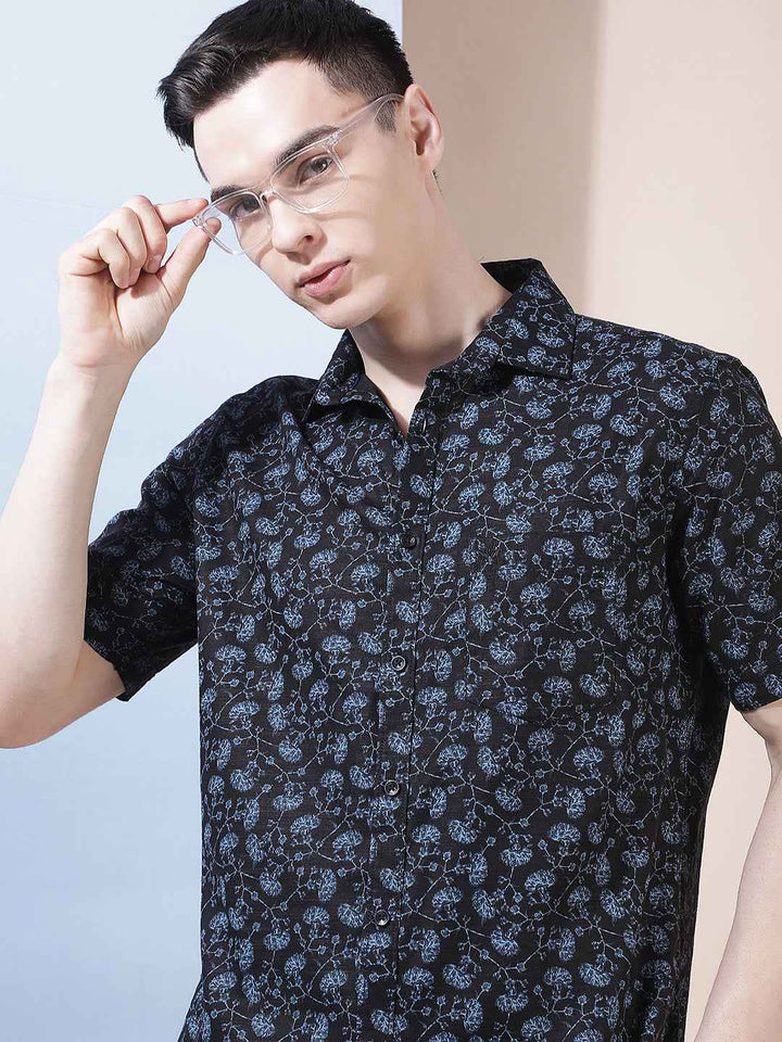 Navy Blue Floral Print Shirt