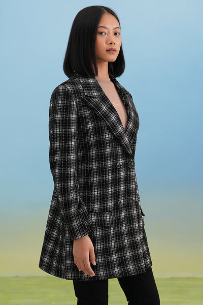 Black Checked Notched-Lapel Double-Breasted Coat
