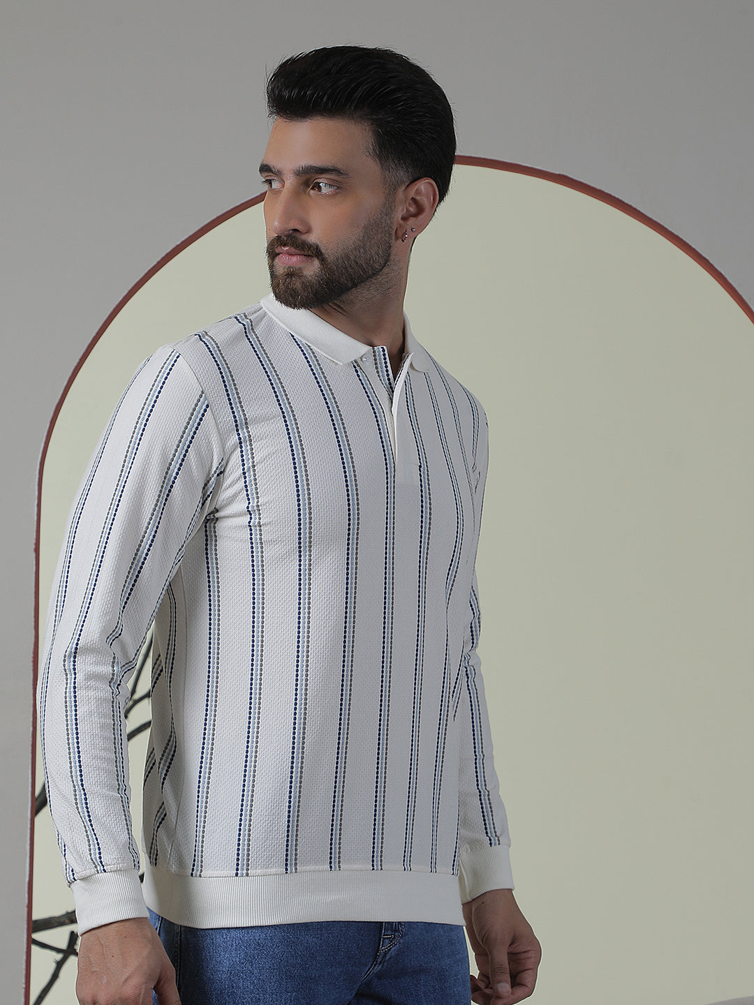 Off White Striped Polo Neck T-Shirt