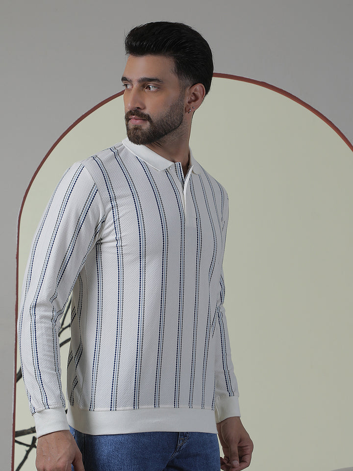 Off White Striped Polo Neck T-Shirt