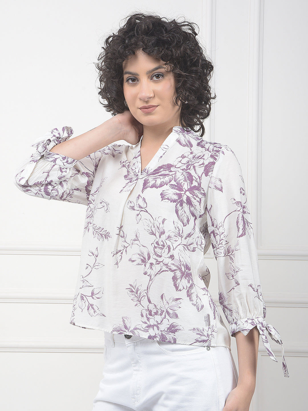 Purple Floral Print V-Neck Top