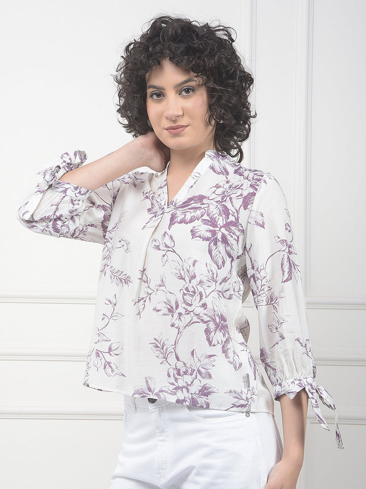 Purple Floral Print V-Neck Top