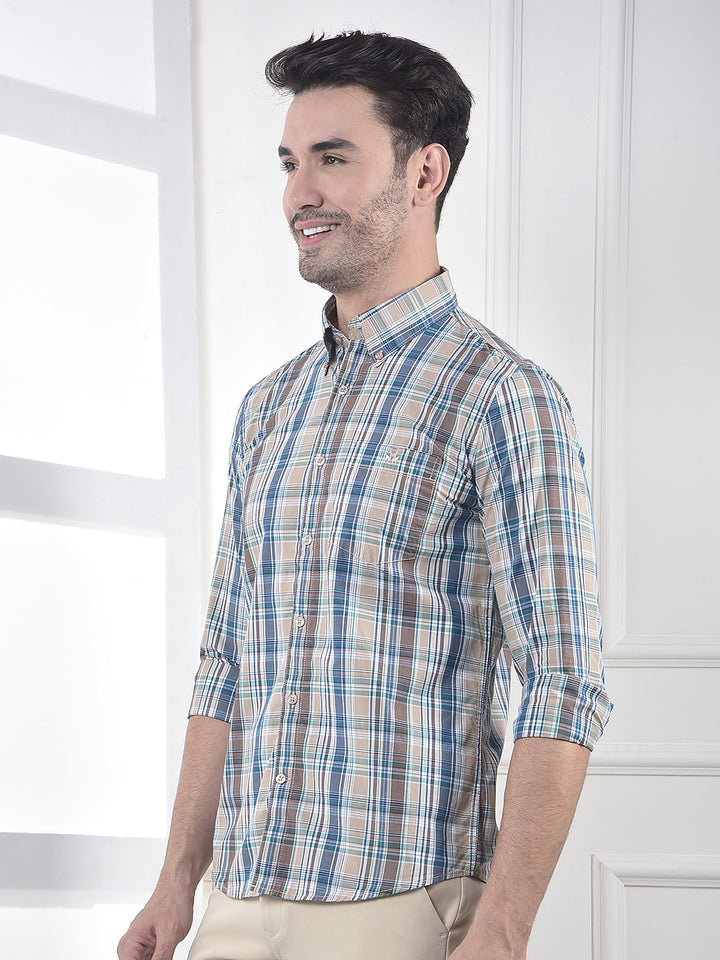 Brown Checked 100% Cotton Button-Down Collar Shirt