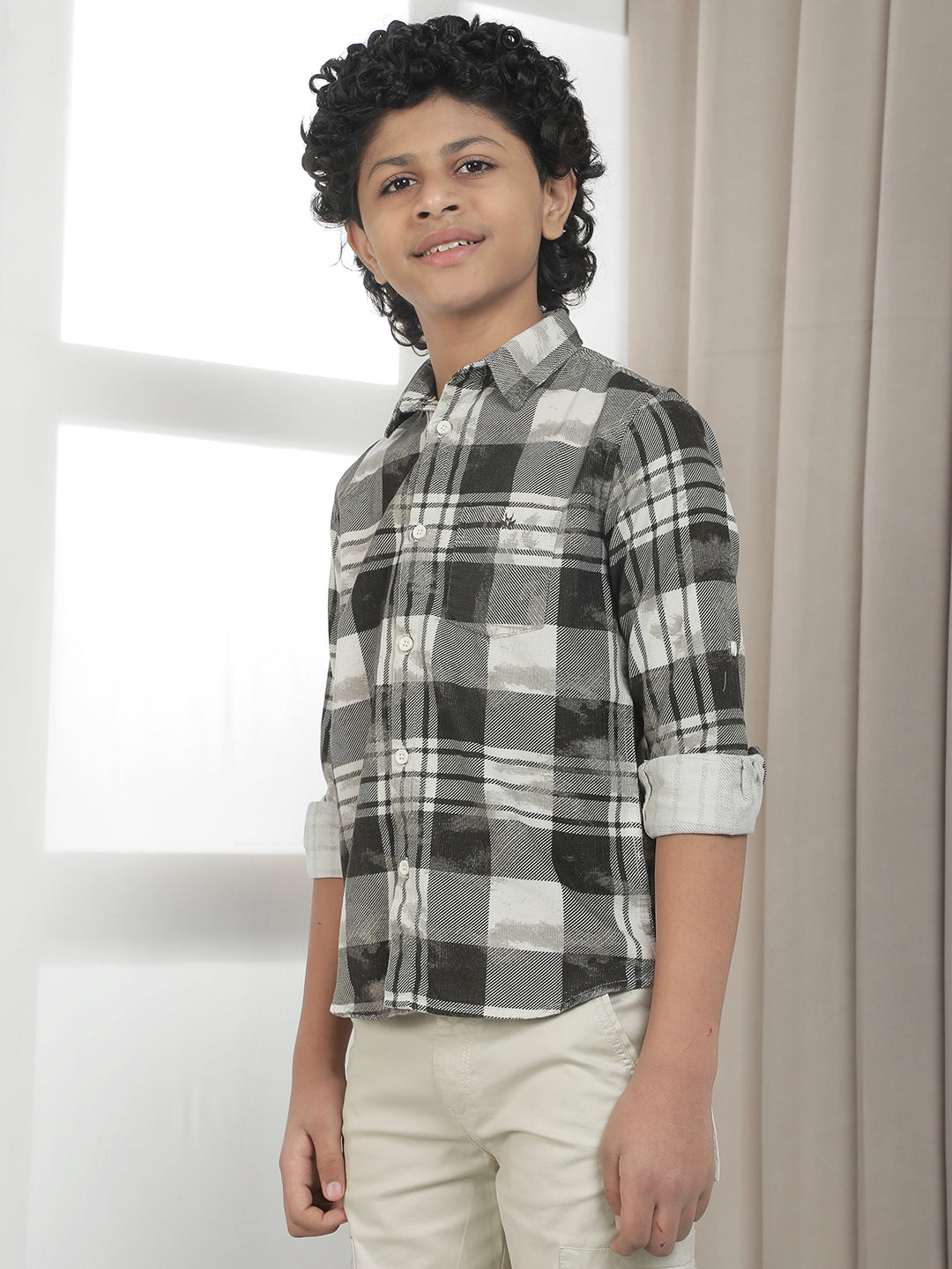 Grey Checked 100% Cotton Corduroy Shirt