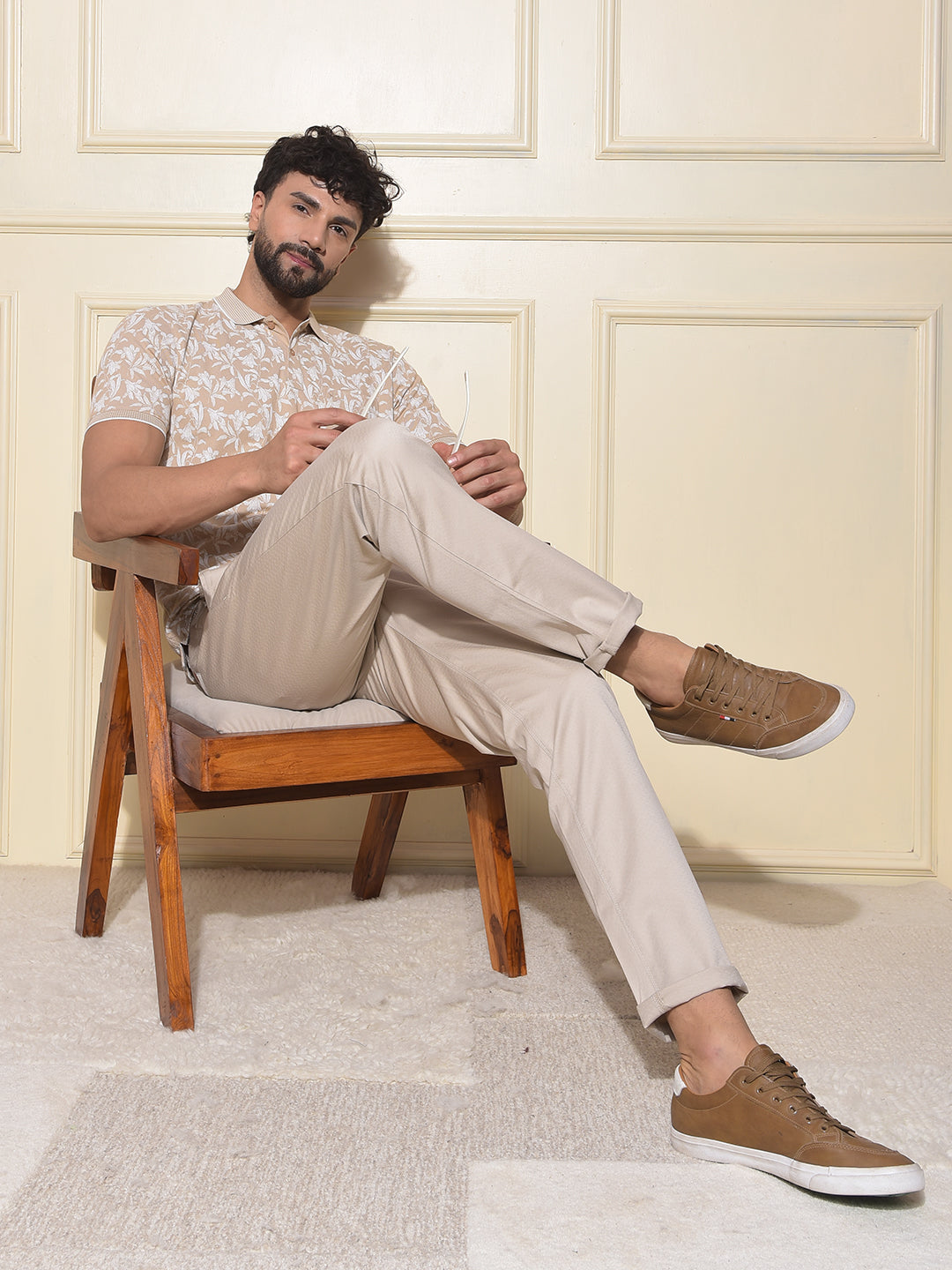 Beige Floral Print Polo-Neck T-Shirt