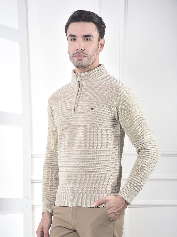 Beige Jacquard High Neck Sweater