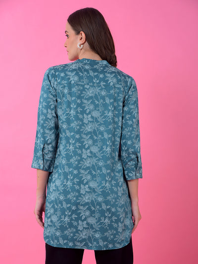 Blue Floral Print V-Neck Top