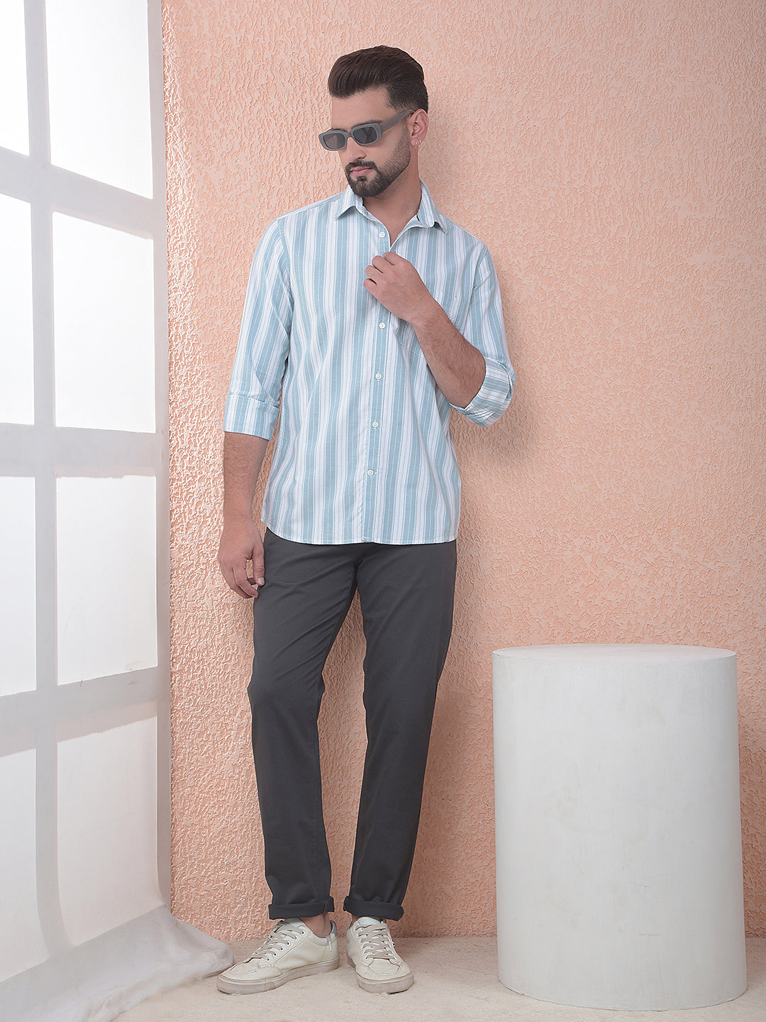 Green Vertical Stripes 100% Cotton Shirt