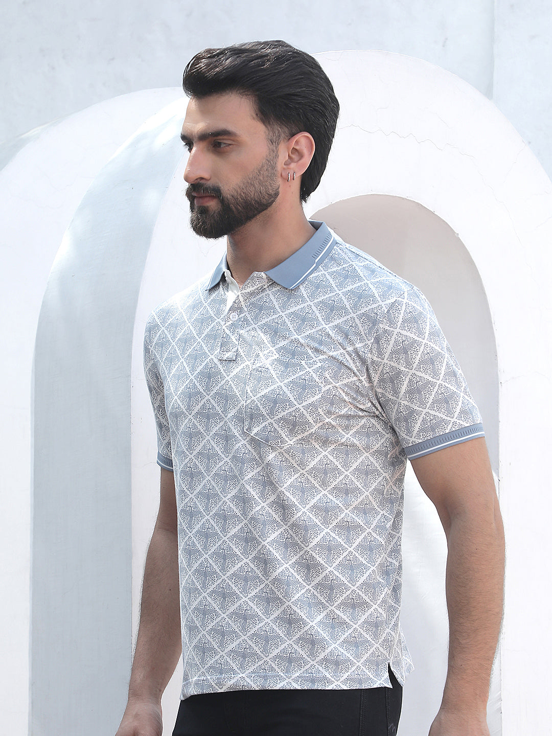 Blue Printed Polo Neck T-Shirt