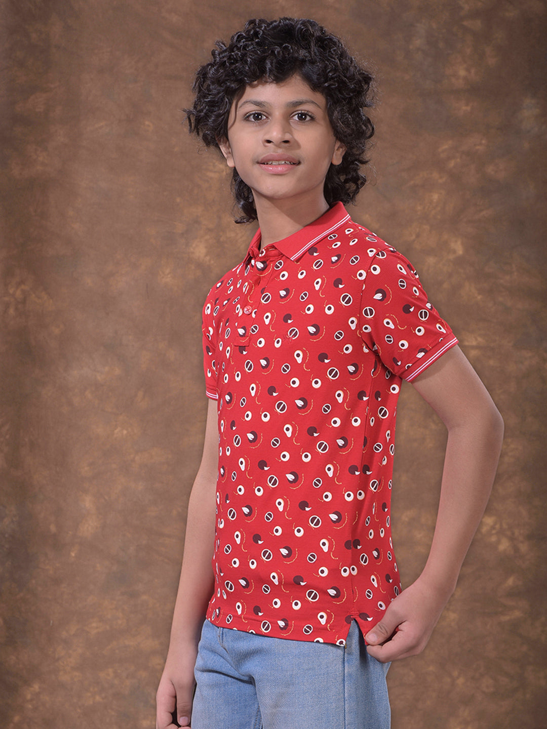 Red Printed Polo Neck T-Shirt
