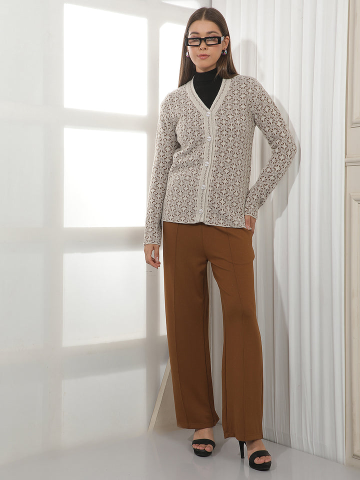 Beige Geomatric Print V-Neck Cardigan
