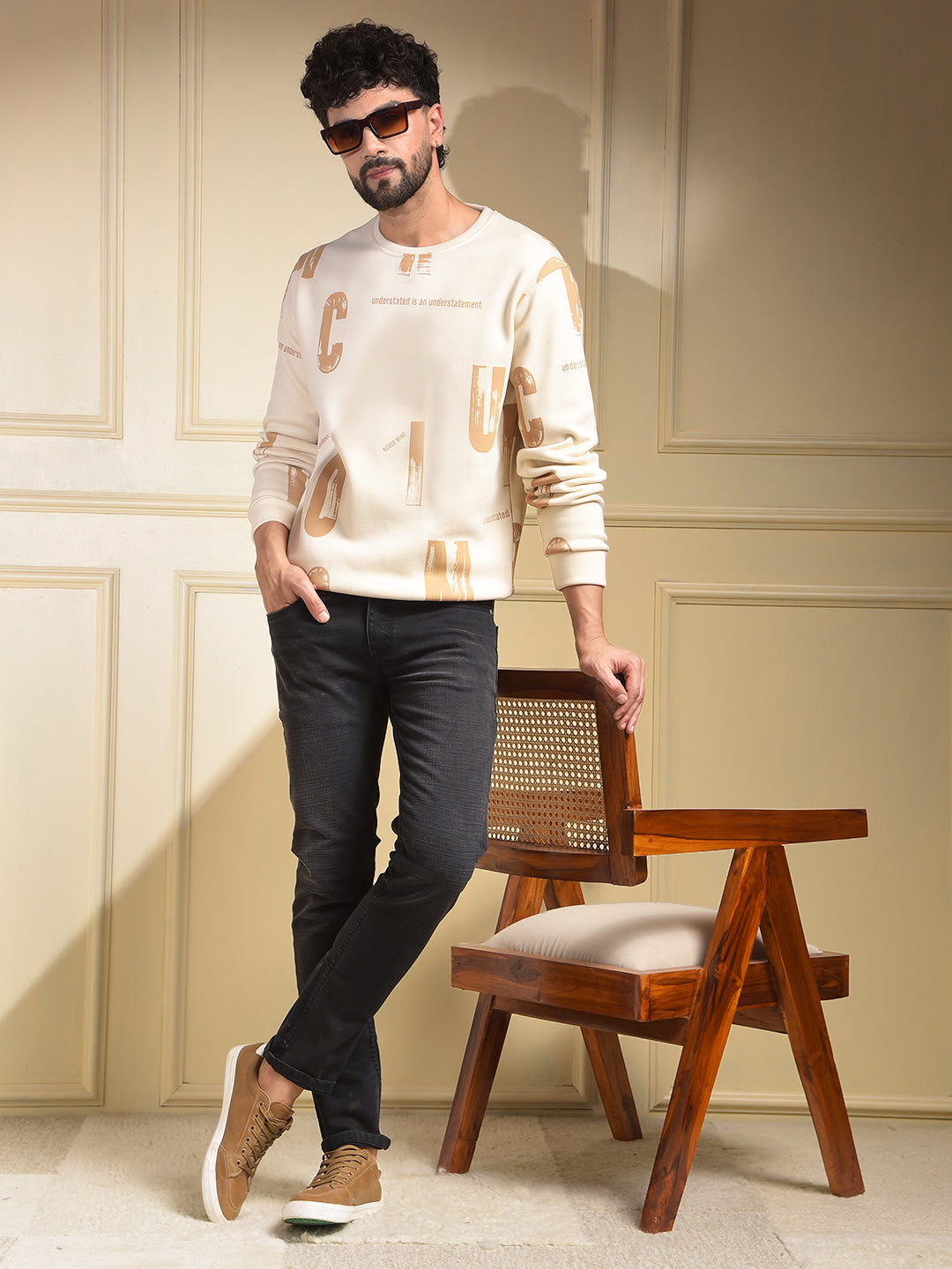 Beige Typographic Print Sweatshirt