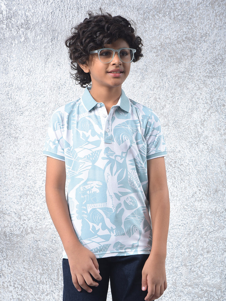 Blue Printed Polo Neck T-Shirt