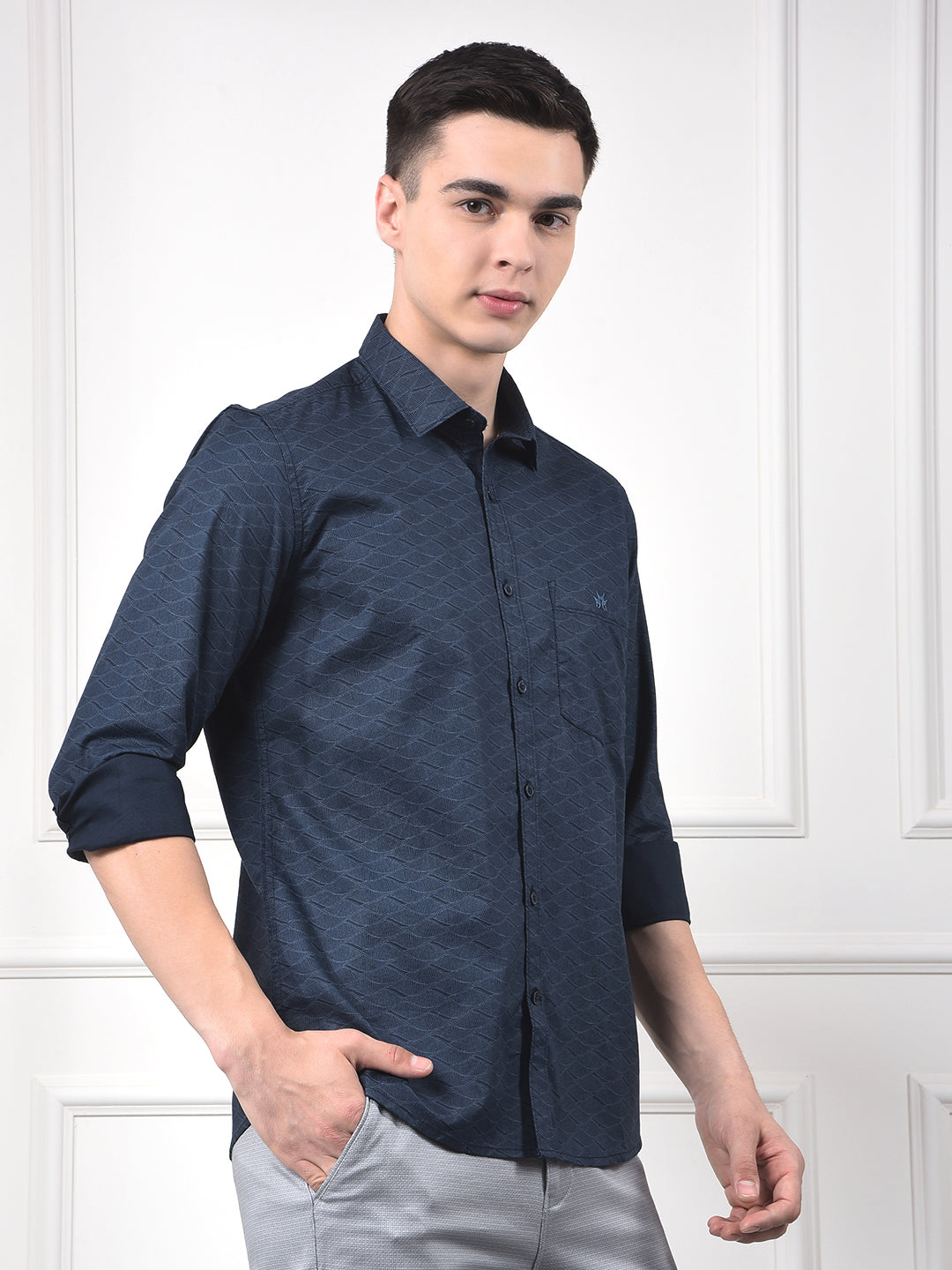 Navy Blue Printed 100% Cotton Shirt