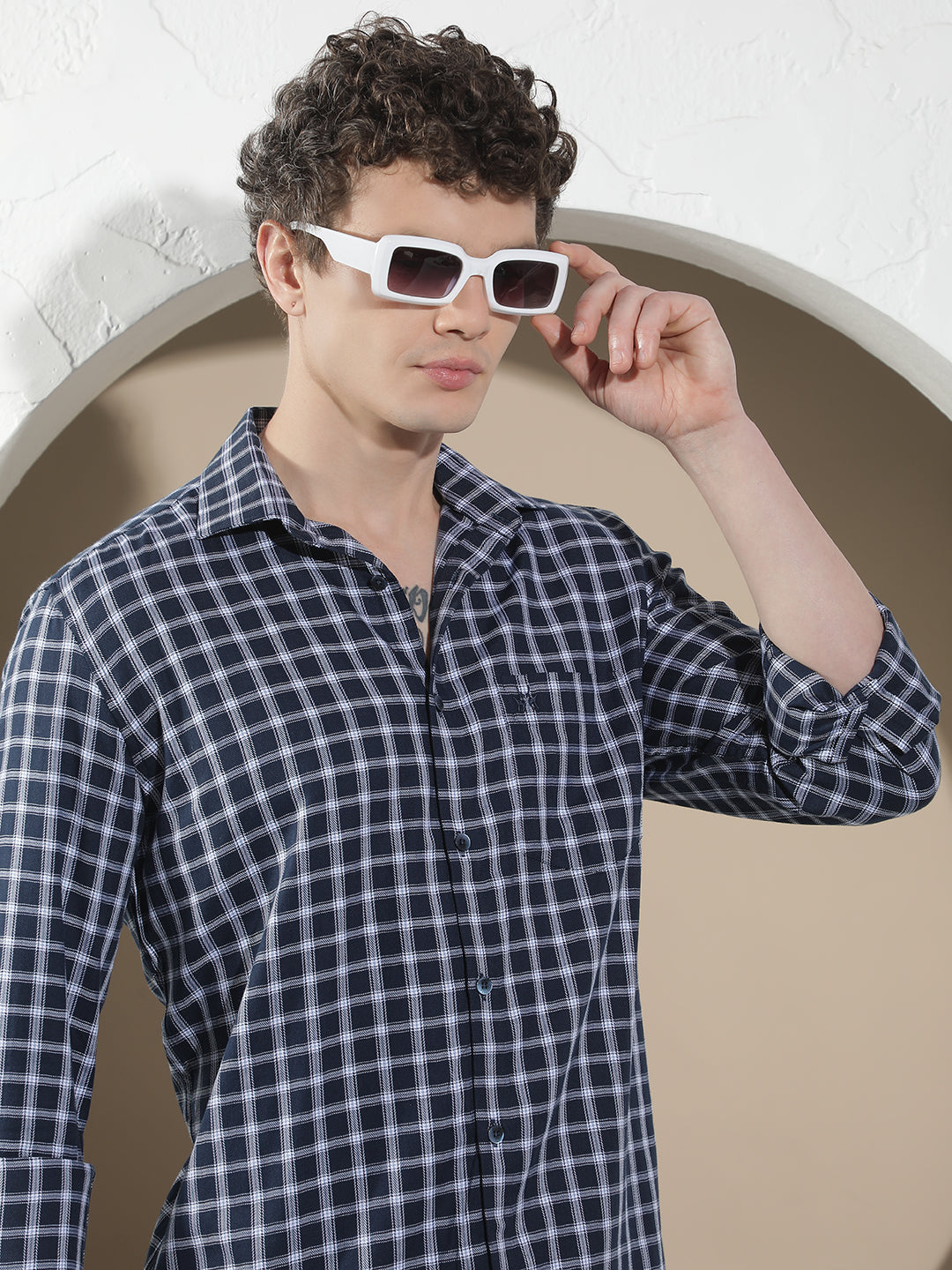 Navy Blue Checked 100% Cotton Shirt