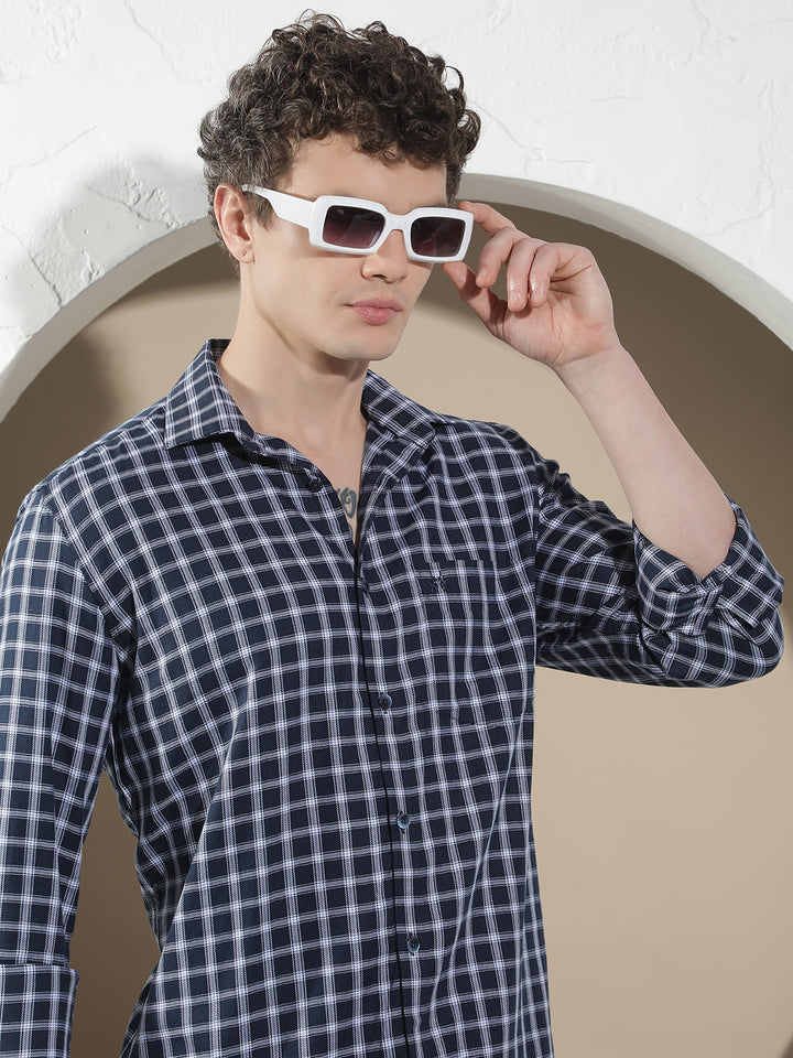 Navy Blue Checked 100% Cotton Shirt