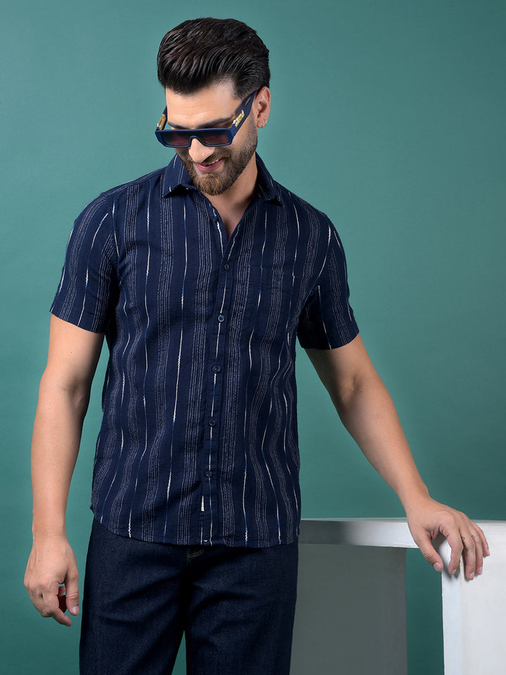 Navy Blue Vertical Stripes 100% Cotton Shirt-Men Shirts-Crimsoune Club