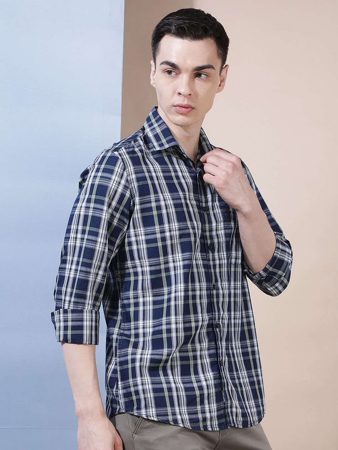 Navy Blue 100% Cotton Checked Shirt