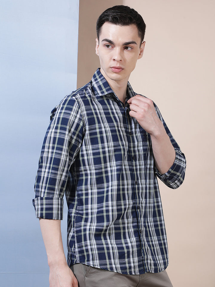 Navy Blue 100% Cotton Checked Shirt