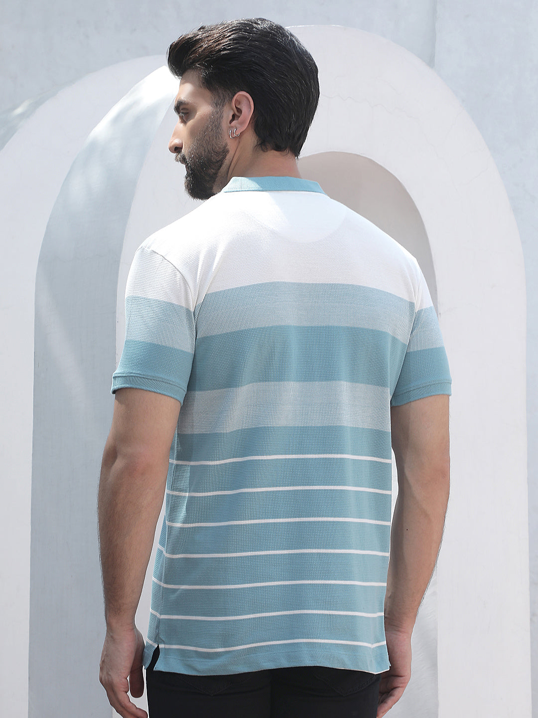 Green Horizontal Striped Polo Neck T-Shirt