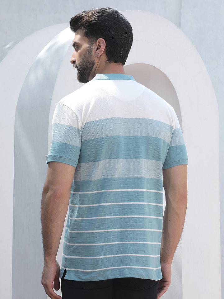 Green Horizontal Striped Polo Neck T-Shirt