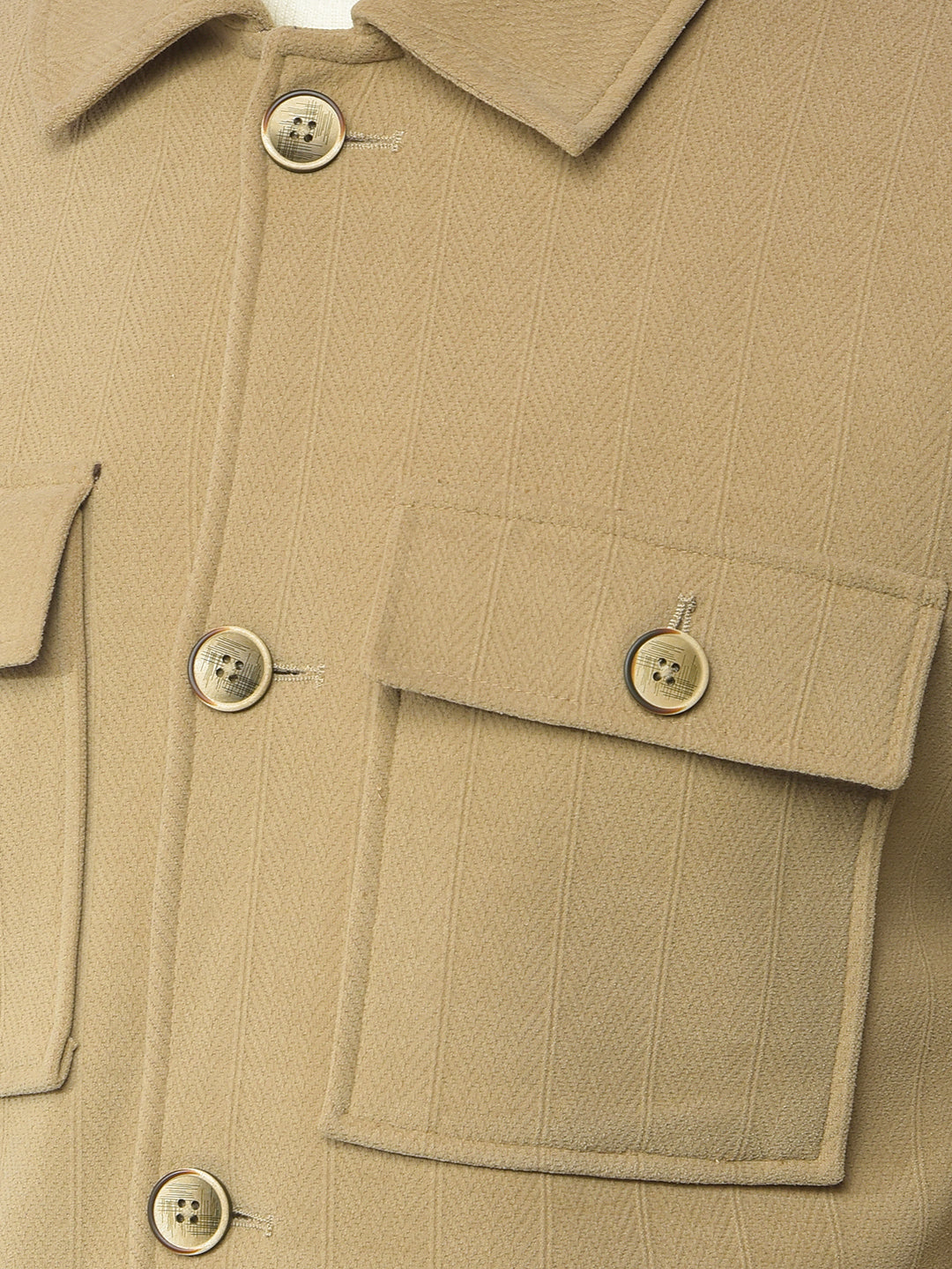 Beige Vertical Stripes Double Front-Pocket Shacket