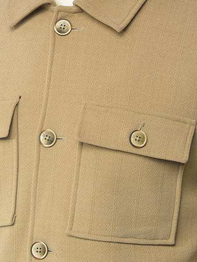 Beige Vertical Stripes Double Front-Pocket Shacket