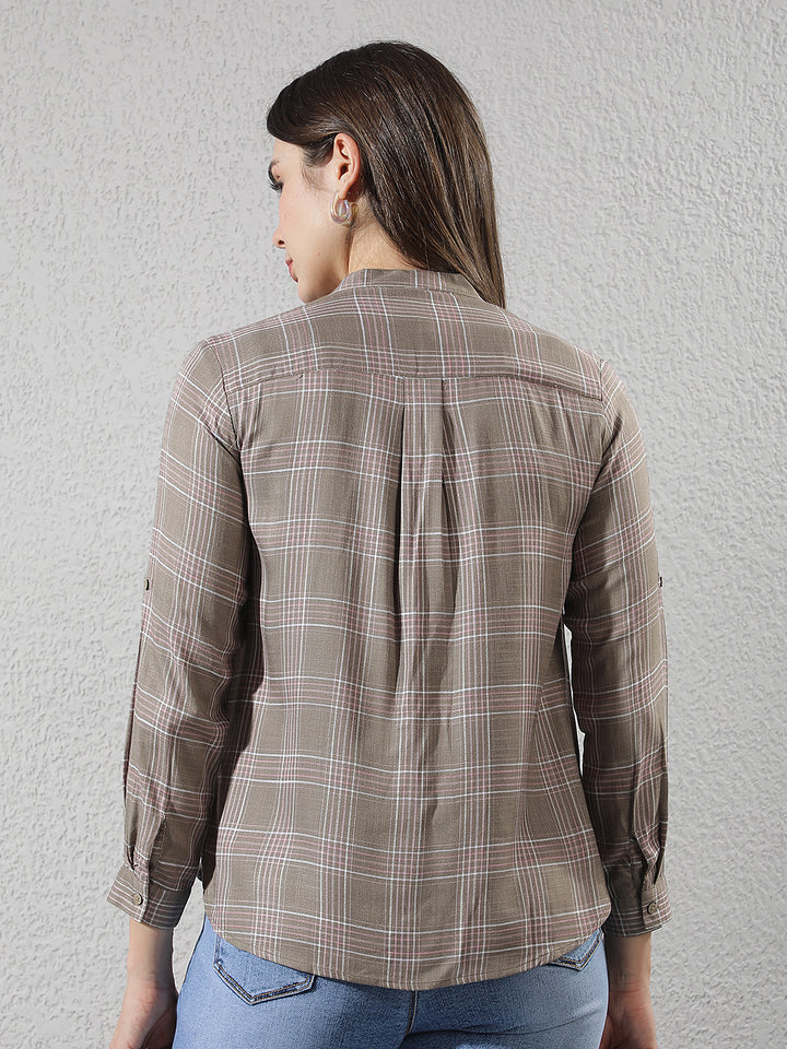 Brown Checked V-Neck Shirt