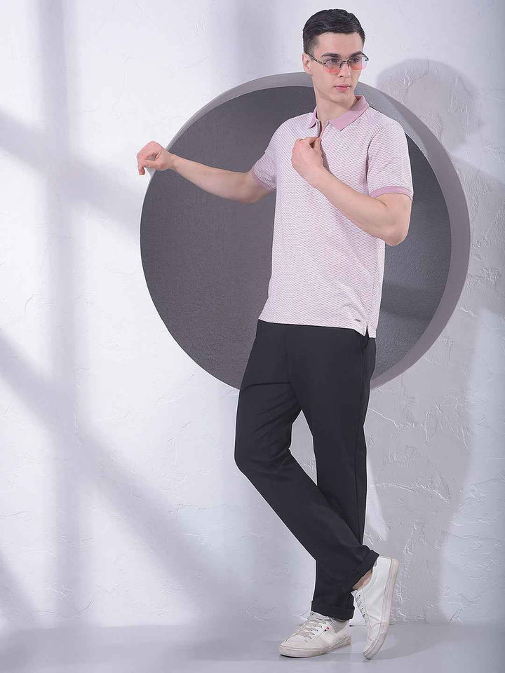 Pink Printed Polo Neck T-Shirt with Zip Closure