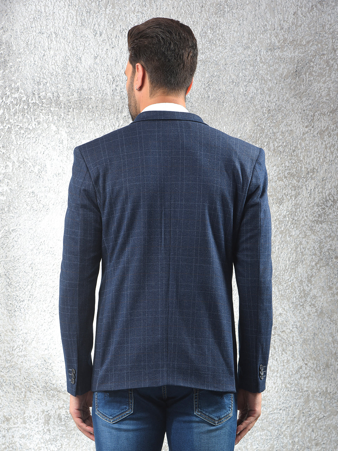 Navy Blue Checked Notched Lapel Single-Breasted Blazer