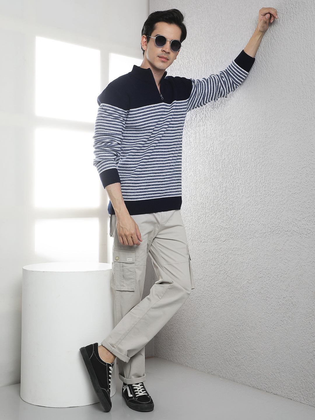 Navy Blue Horizontal Stripes High Neck Sweater