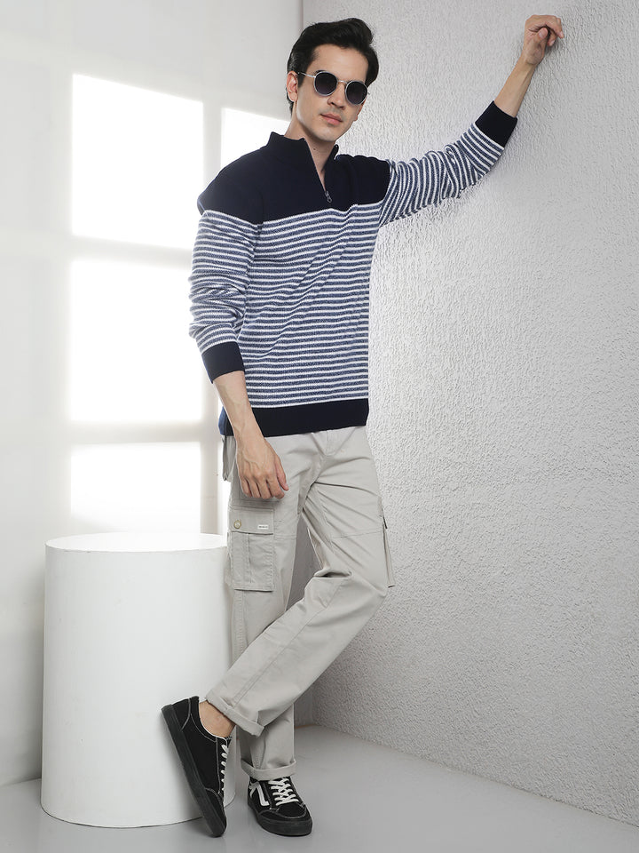 Navy Blue Horizontal Stripes High Neck Sweater