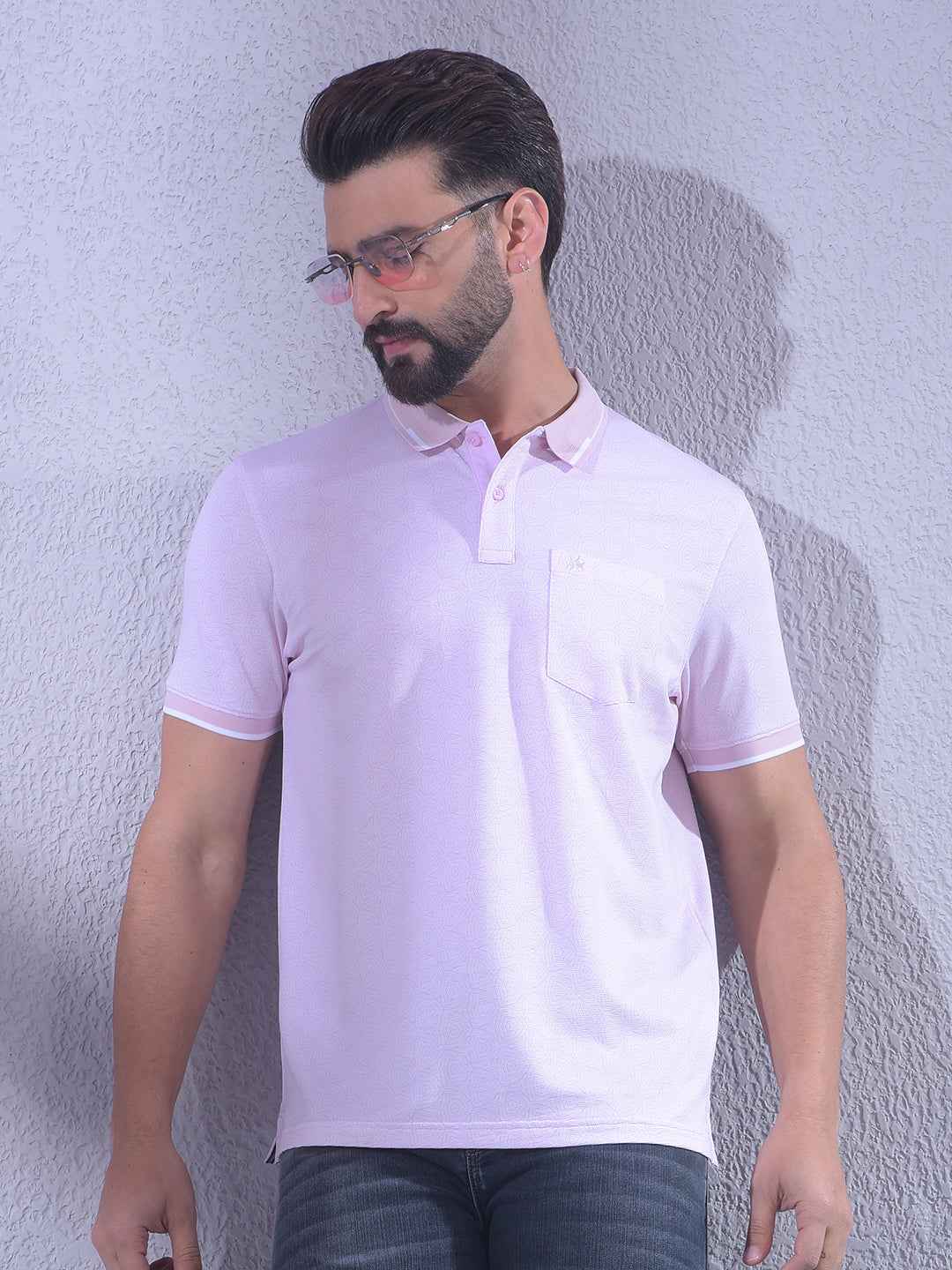 Pink Printed Polo Neck T-Shirt