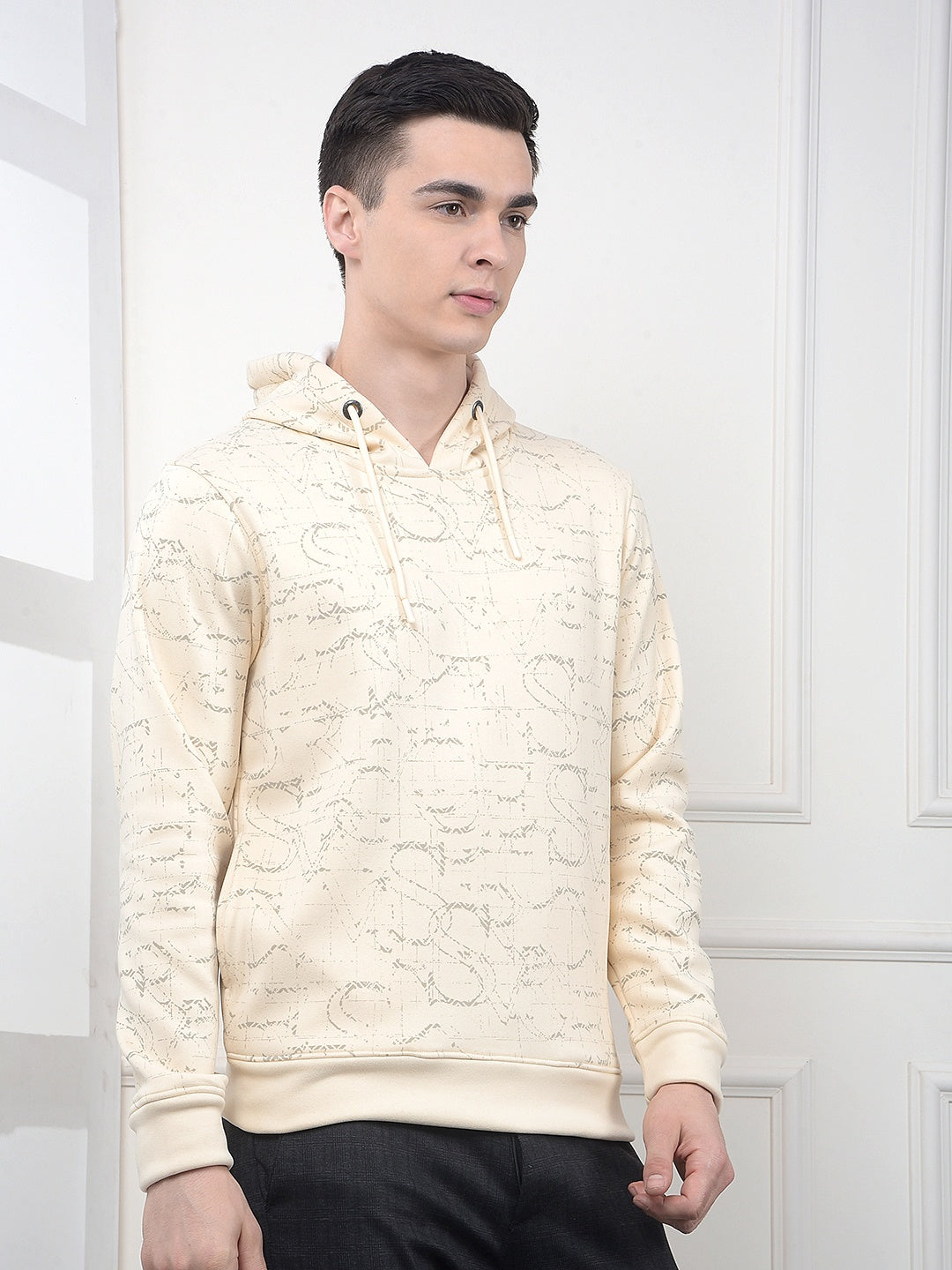 Cream Printed Hooded Neck Sweatshirt-Men Sweatshirts-Crimsoune Club